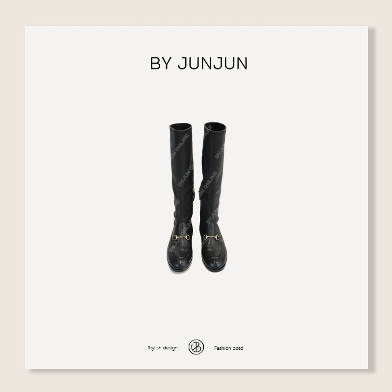 Byjunjun 意大利羊皮马衔扣长筒靴女鞋时装靴冬季女靴过膝靴