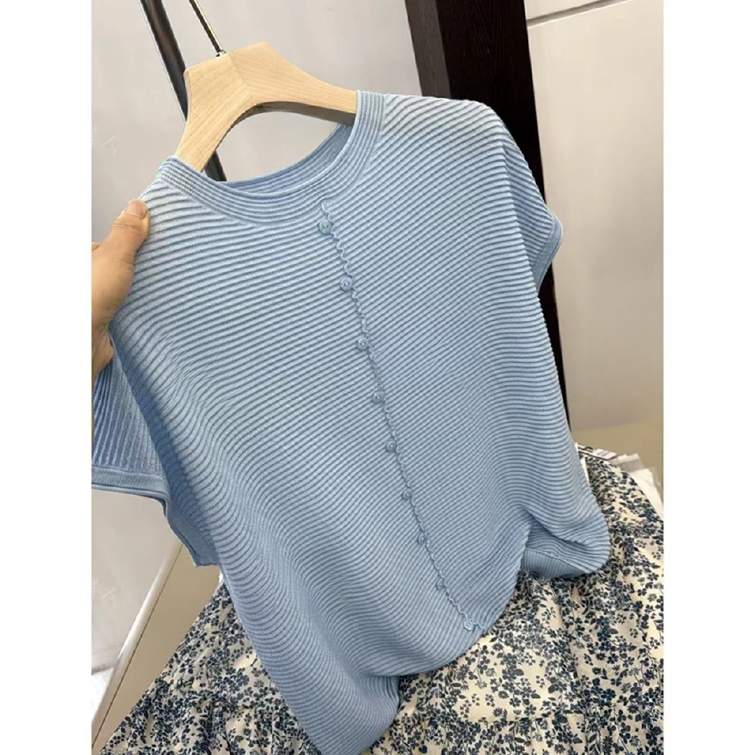 天丝一字领短袖条纹小飞袖女2025夏季新款假单排扣针织上衣58