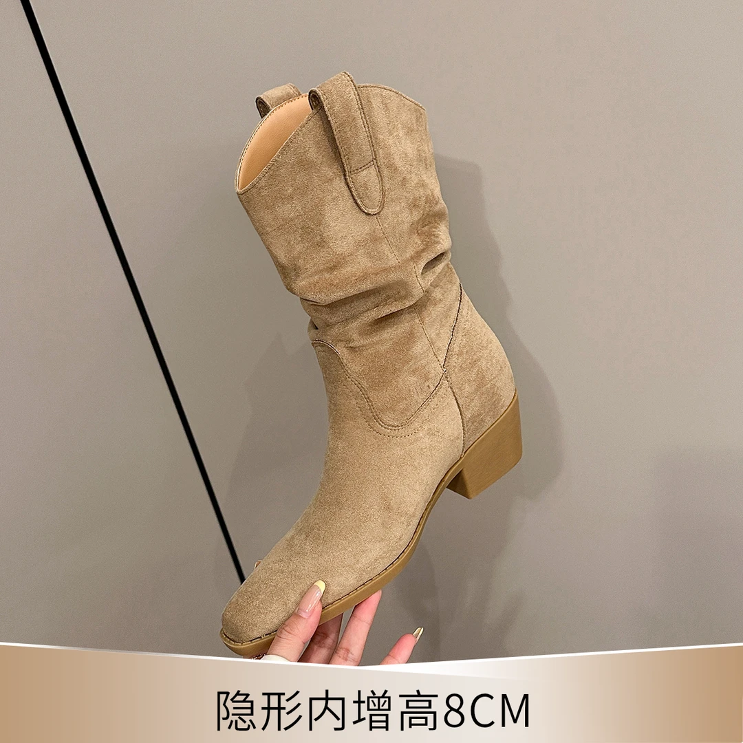 真皮尖头百搭粗跟时装靴女鞋秋冬骑士女短靴瘦瘦靴西部牛仔堆堆靴