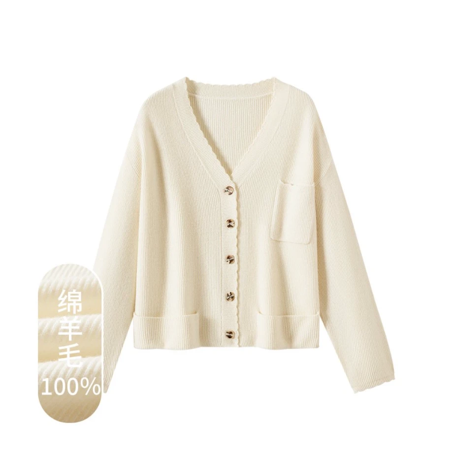 100%绵羊毛时尚气质V领牙边牛角扣女式羊毛开衫25DAK0442