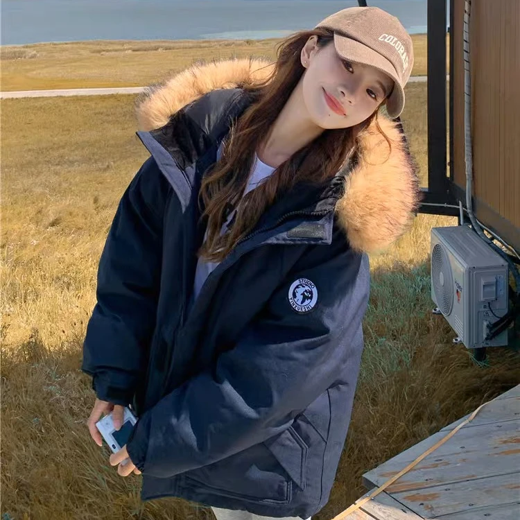 地球派克棉服女冬季2024新款大毛领韩版宽松工装棉衣加厚连帽棉服