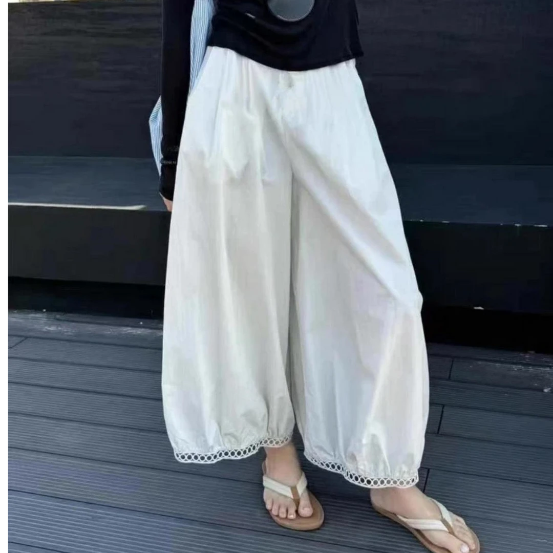 2025爆款夏季女士镂空蕾丝花边设计感阔腿灯笼九分裤时尚百搭高腰