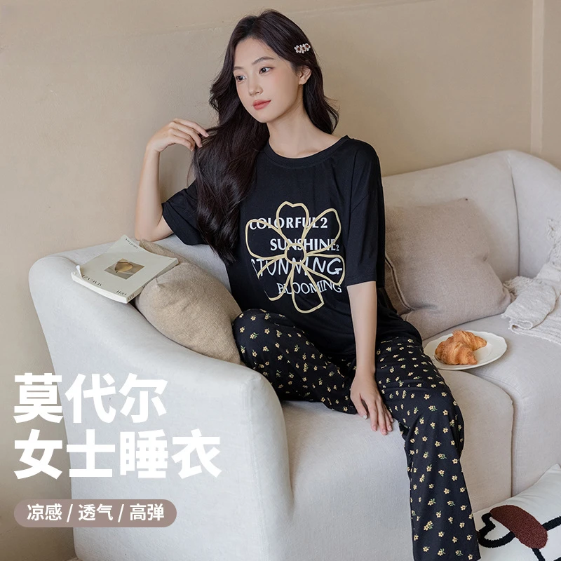 兰精莫代尔棉睡衣短袖长裤套装亲肤凉感睡衣女碎花印花 27012