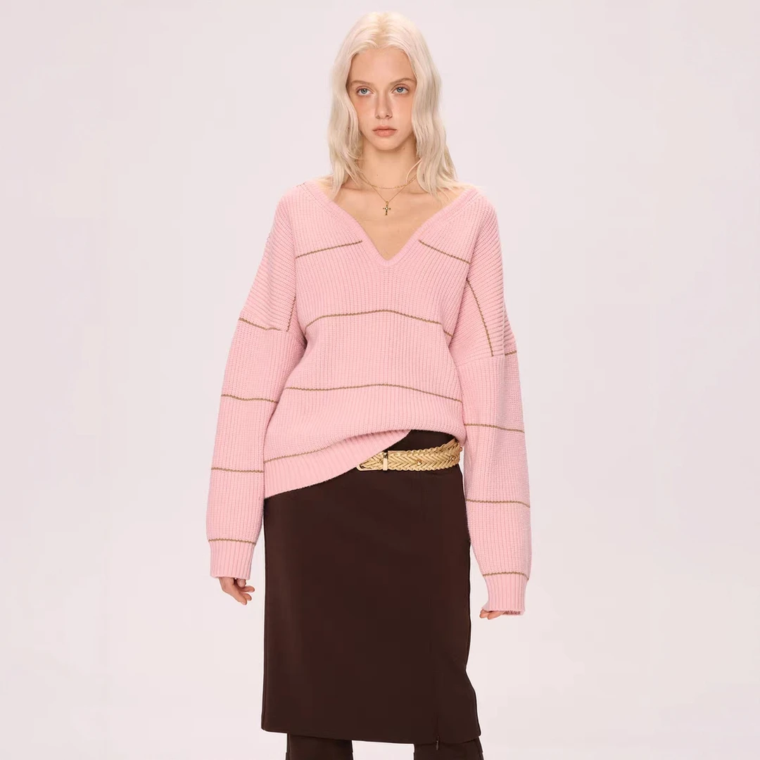 条纹保暖针织V领老钱风撞色毛衣中长款不褪色极简风