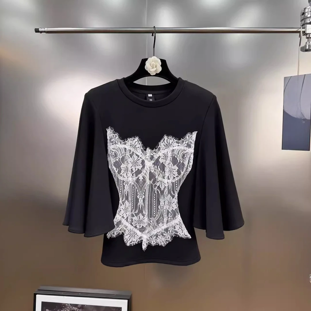 2025年夏季新款法式女复古风时尚流行圆领垫肩短袖T衫上衣垂感T恤