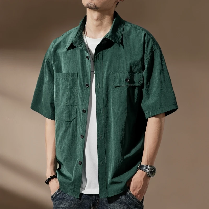 美式冰丝凉感透气短袖衬衫男夏季高弹力宽松衬衣开衫休闲通勤外套