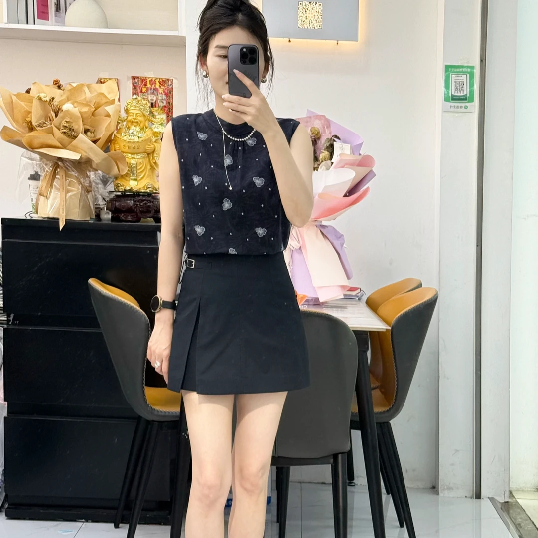 时尚短袖印花衬衫女宽松无袖轻薄背心夏日爆款小个子气质立领上衣