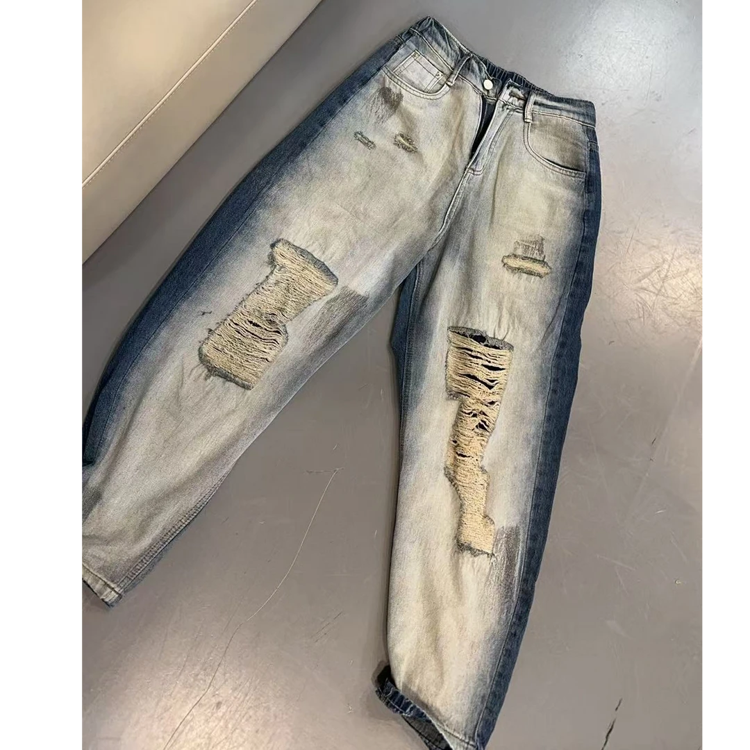 【文乐乐】春季新款重工洗水磨破AB面时尚休闲潮流牛仔裤哈伦裤8106