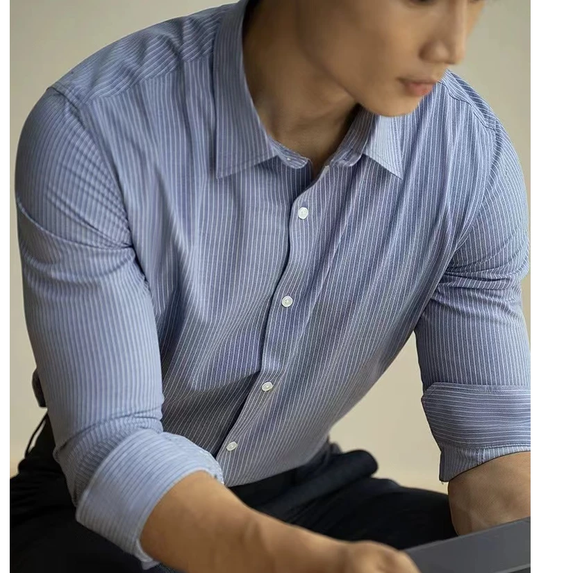 莱肯长袖白金棉桑蚕丝条纹衬衫222057