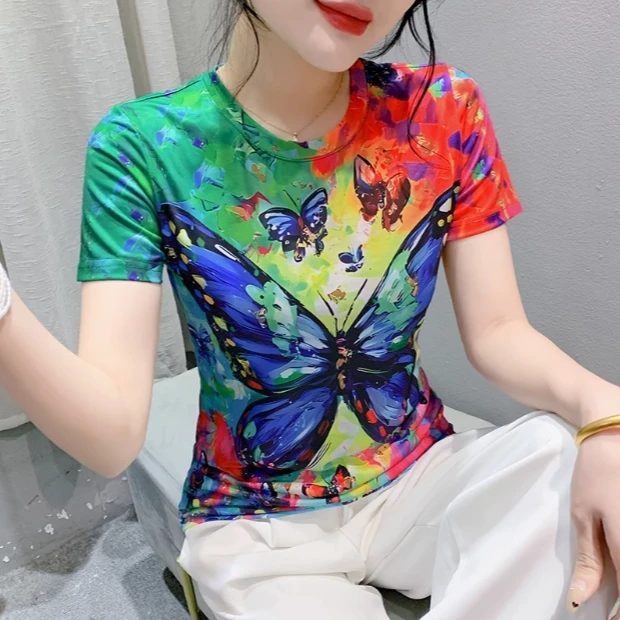 【夏季新款】欧洲时尚印花 短袖T恤 女 修身洋气半袖体恤上衣 蝴蝶