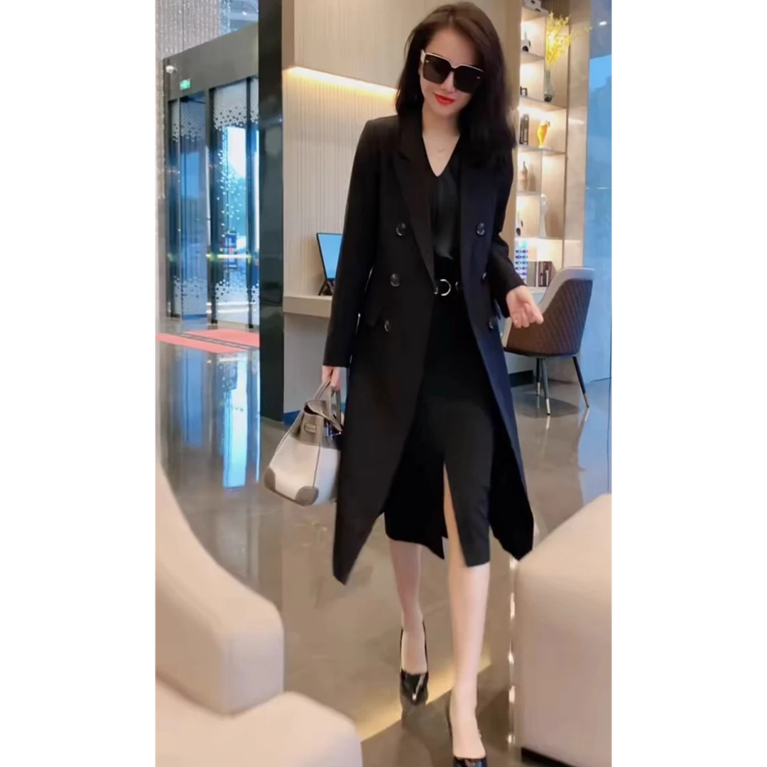 大码黑色中长款西装风衣外套女秋季新款胖mm时尚百搭显瘦过膝大衣