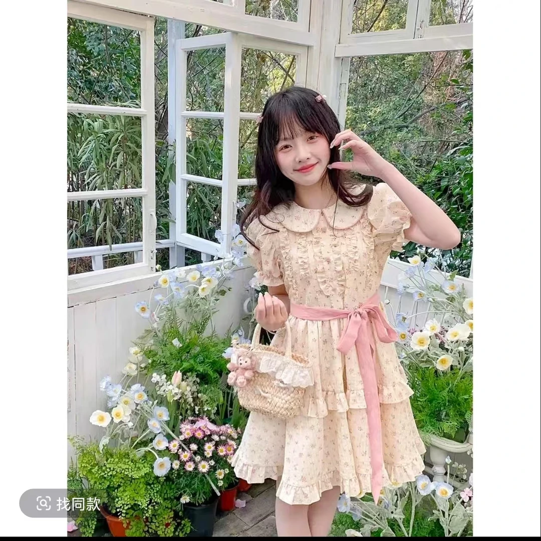 日系甜美软妹娃娃领碎花连衣裙女学生夏季收腰遮肉可爱蓬蓬公主裙