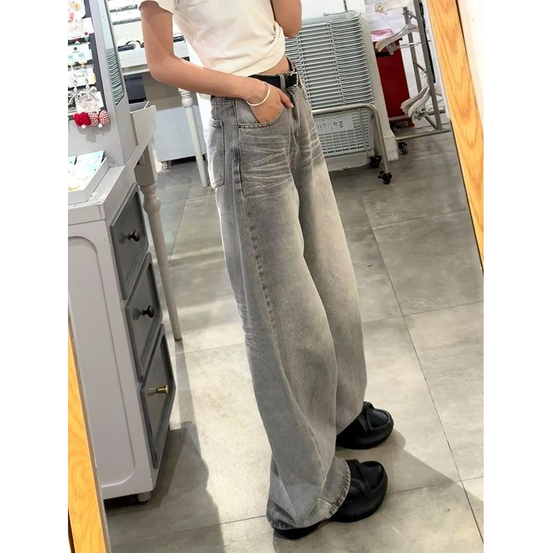 美式浅灰色水洗阔腿牛仔裤女夏新款高腰垂感宽松显瘦直筒拖地长裤