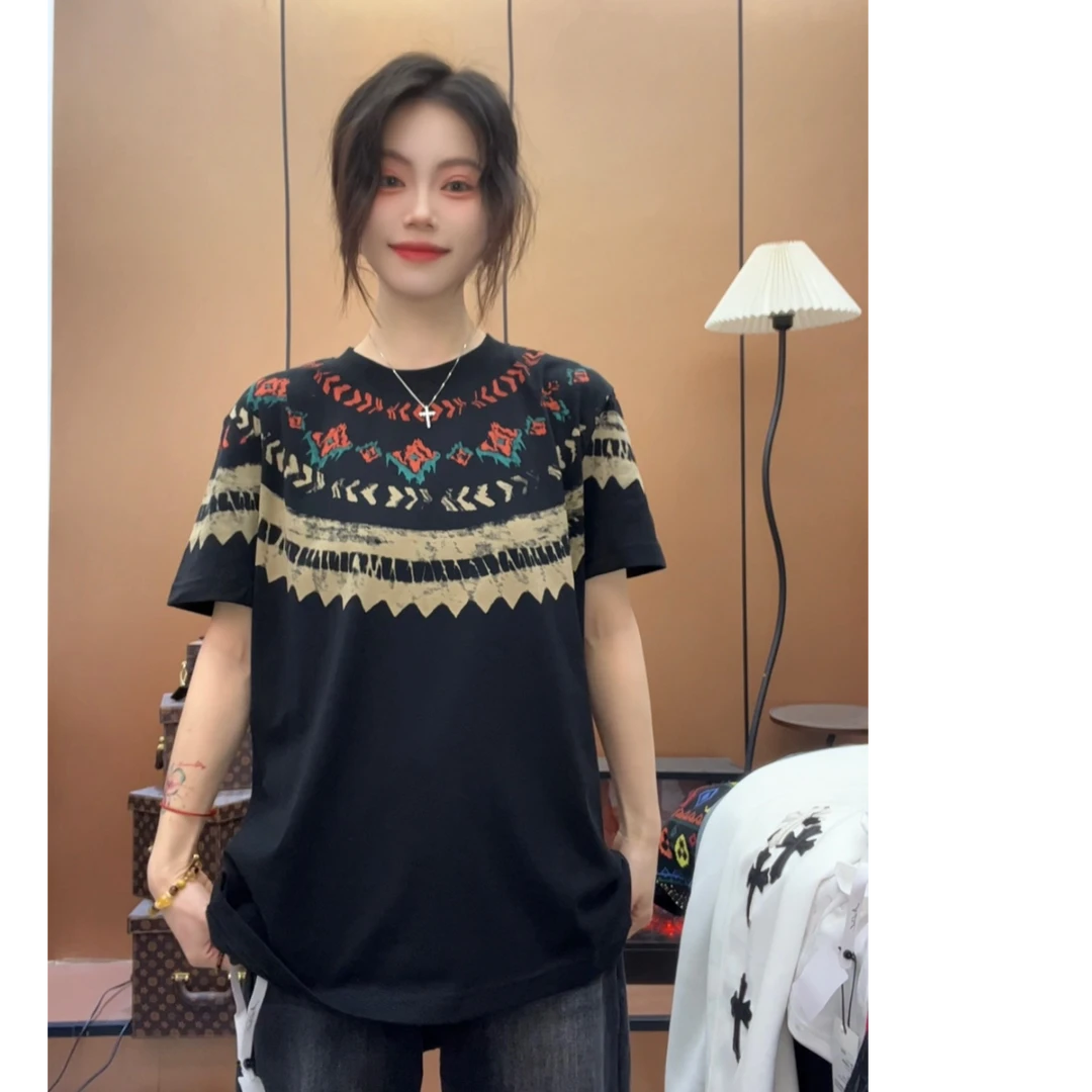 【周晚晚】2025夏季新款爆款圆领印花短袖百搭上衣复古半袖