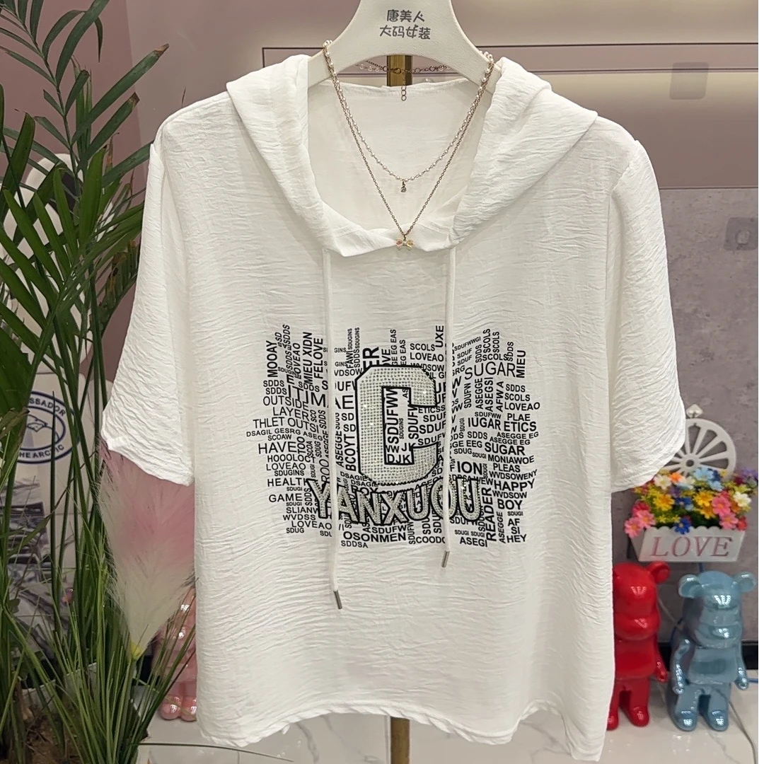 春季新款1279字母粘钻连帽大码百搭半袖减龄时尚休闲款