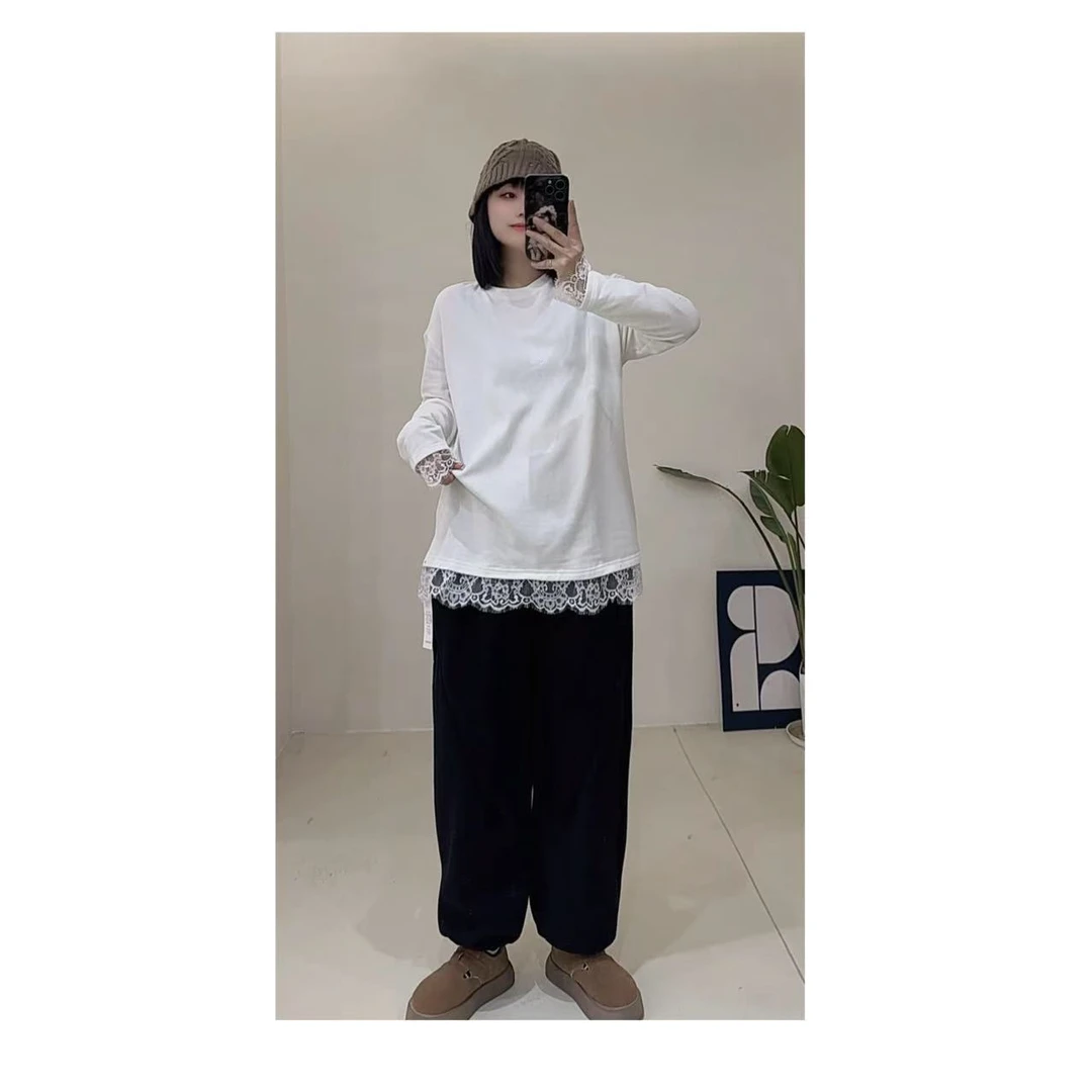 【蕾丝】纯色圆领显瘦蕾丝边磨毛长袖T恤6062