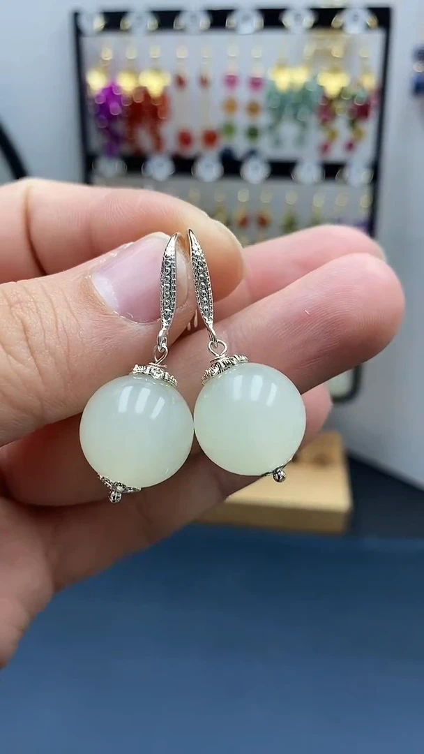 【闪购商品】和田玉耳饰银S925镶嵌尺寸16mmW1