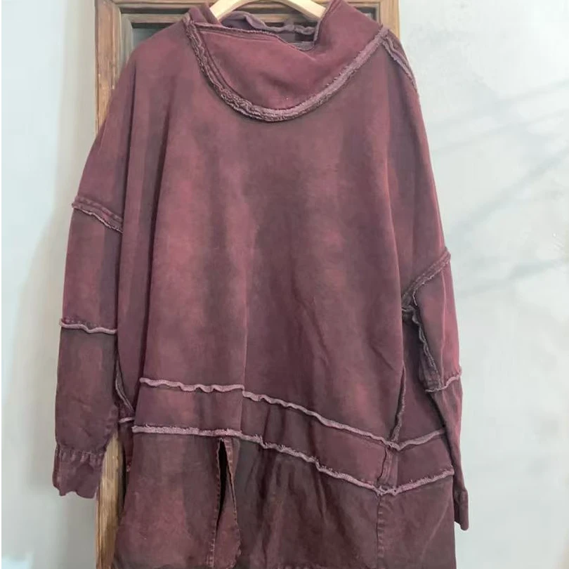 M233原创麻料做旧拼接毛边套头卫衣长袖百搭打底复古卫衣