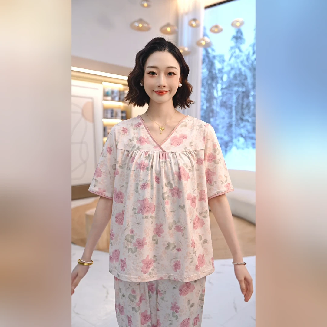秋鹿【田园风】新款素雅碎花家居服宽松女款睡衣夏季薄款