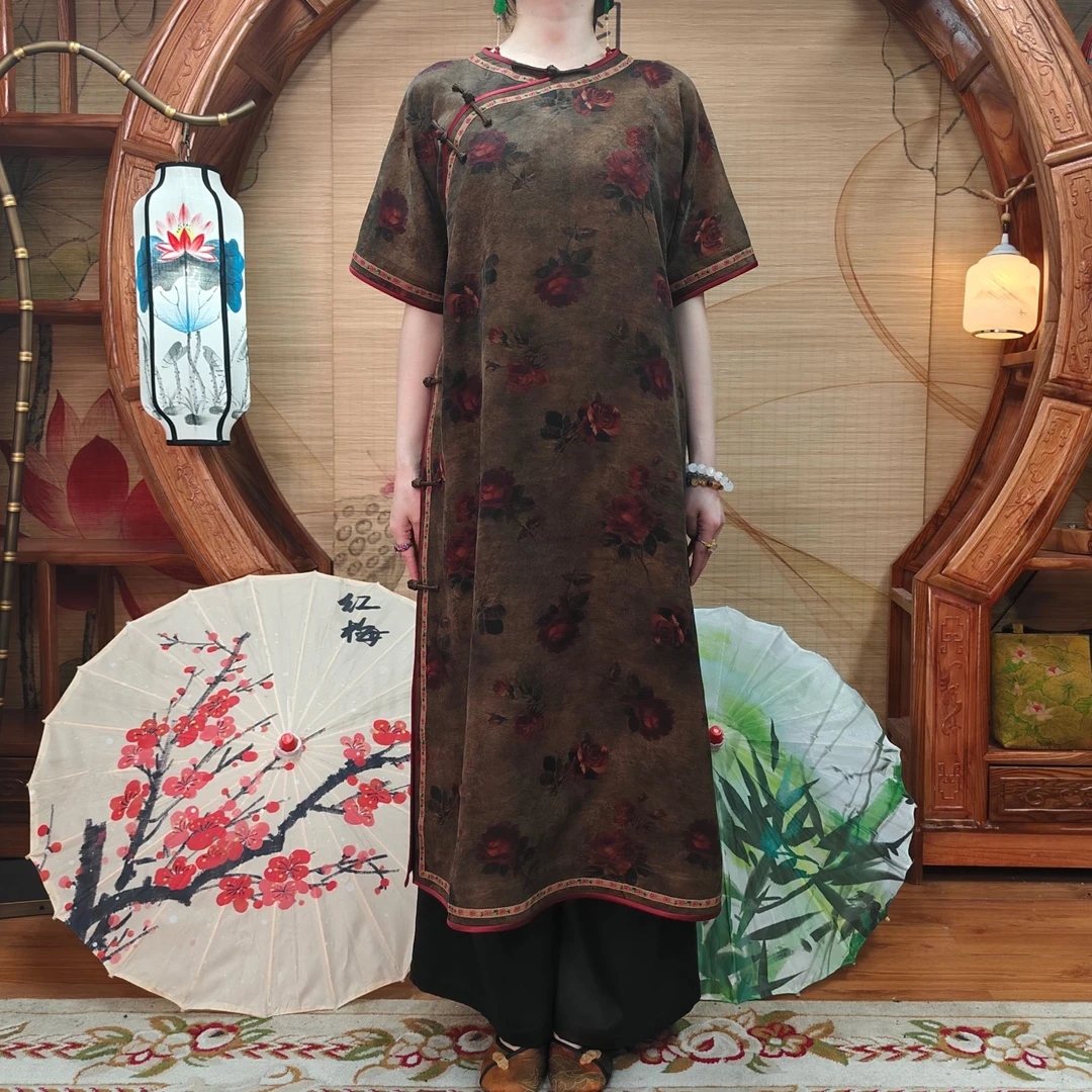 40姆米100桑蚕丝双面提花红云纱爱意玫瑰全开襟时尚连衣裙新中式
