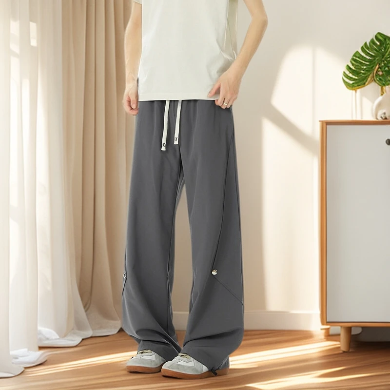 男士休闲裤夏季宽松冰丝卫裤百搭运动薄款潮流直筒裤高街阔腿长裤