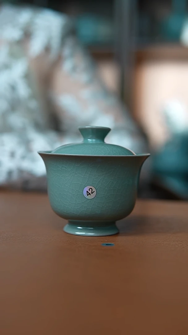 瓷片仿古翡翠绿釉两才元宝盖碗瑕42