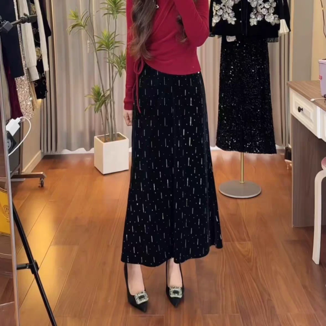 〖猫姐衣橱〗秋冬新款时尚丝绒竖条满钻鱼尾半身裙80701-5