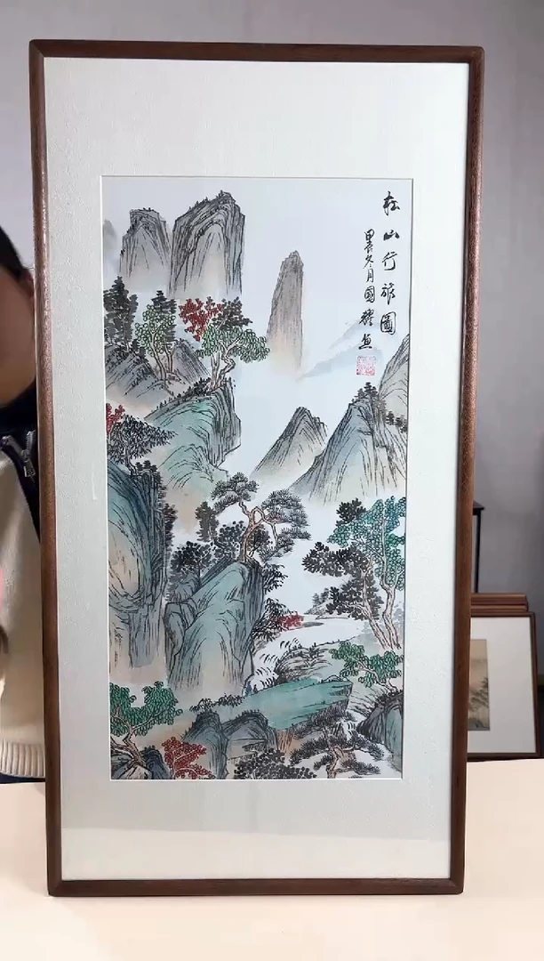 【闪购商品】国画手绘*松山行旅图*47*92cm实木框