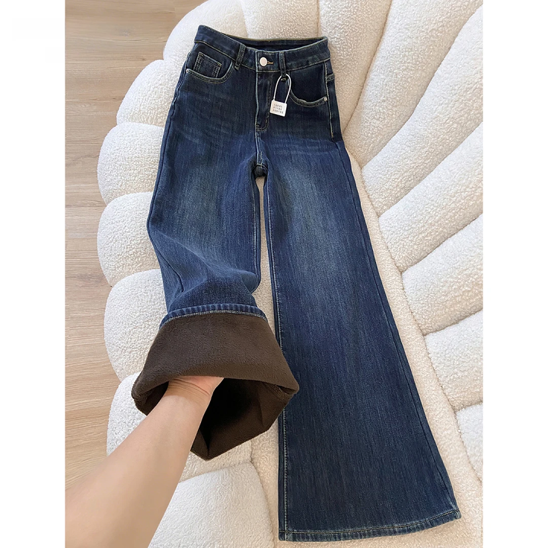 微喇牛仔裤女2025新款冬季直筒裤加厚宽松高腰不贴腿小个子喇叭裤
