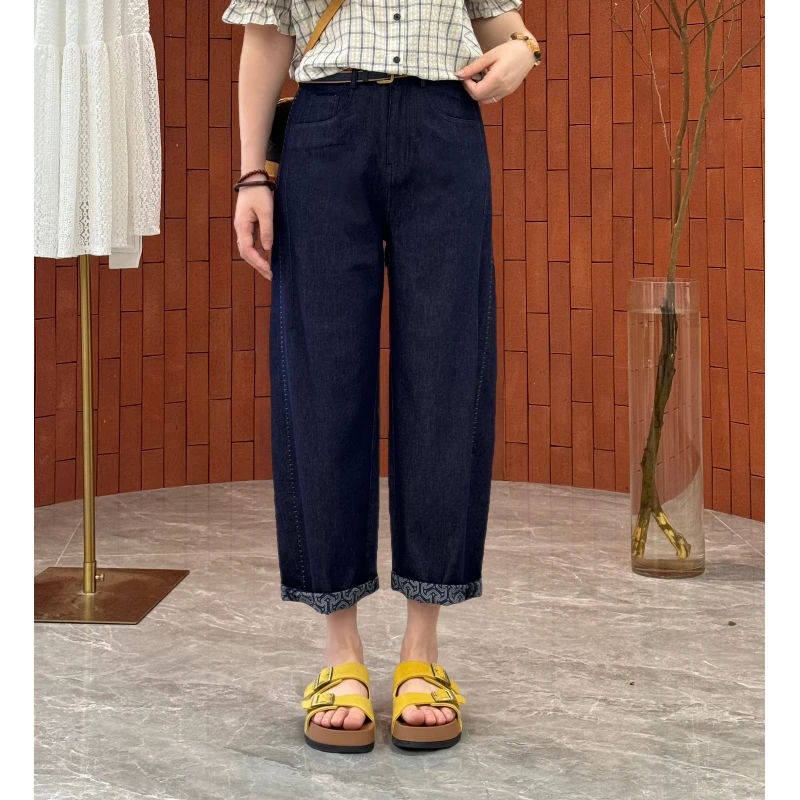 宿慕SUMU夏季牛仔老爹裤2025新款5-16百搭腰果花拼接九分裤B6909F