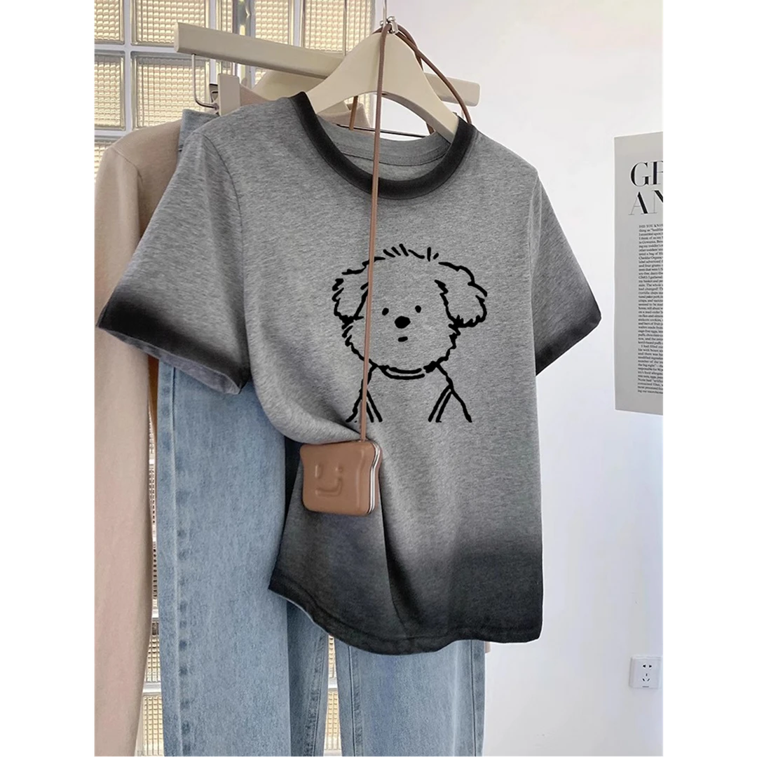 夏季爆款正肩渐变灰短袖t恤女韩系纯棉休闲百搭显瘦女装半袖上衣