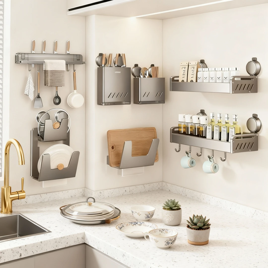 双旦福利置物架套装家用挂壁设计调味品沥水刀架浴室置物架免打孔