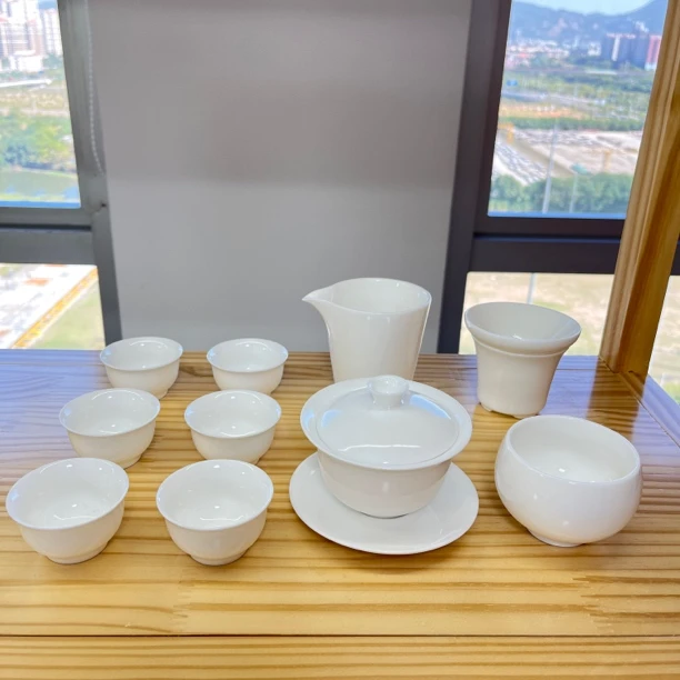 小雅纯白宽口杯11件 羊脂玉白瓷功夫茶具套装  安全包装