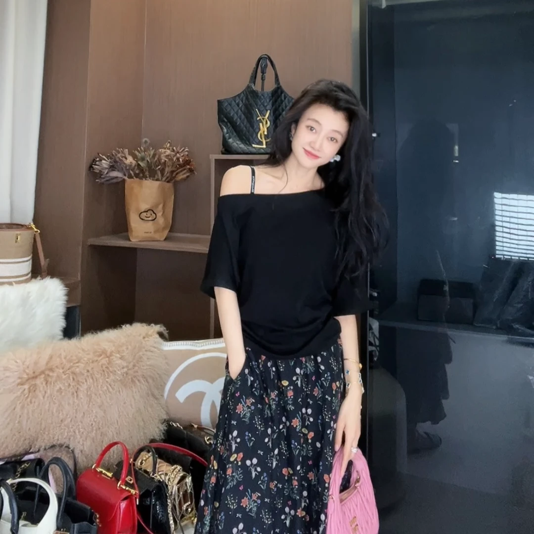 高级感斜肩韩版收腰显瘦短袖上衣女