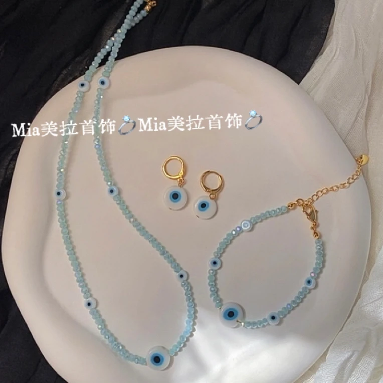 钛钢亚克力项链 三件套手工蓝色百搭小众彩色ins弹力叠戴时尚可爱