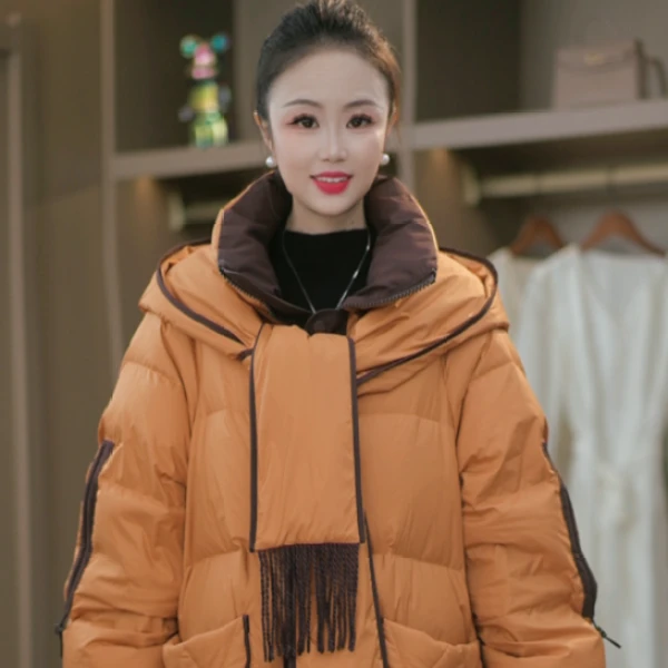 2025新款时尚百搭围巾连帽减龄保暖白鸭绒羽绒服M-XL