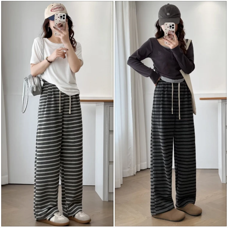 微胖MM春季慵懒风遮肉显瘦条纹拖地裤女大码宽松百搭阔腿直筒裤