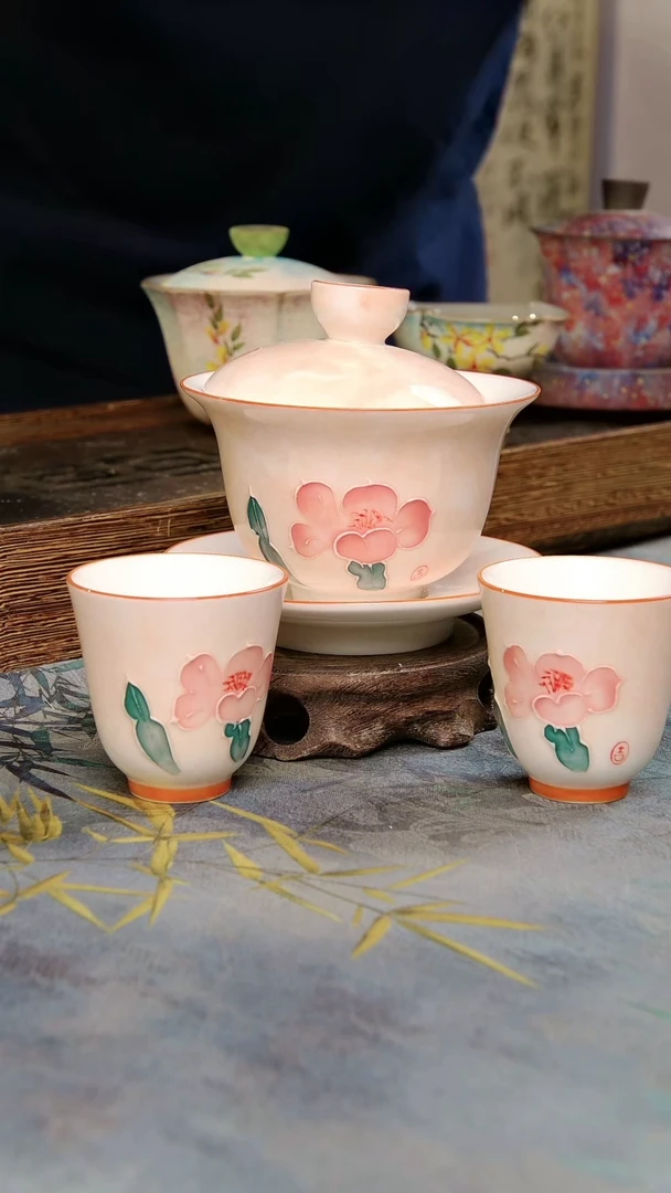 亘古茶具柴烧精品@山茶花盖碗加两杯