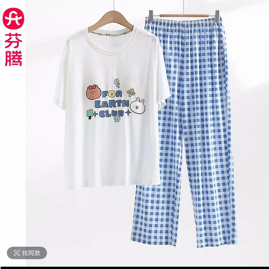 芬腾2025新品夏季胸垫款布朗熊联名款短袖女士外穿宽松家居服睡衣