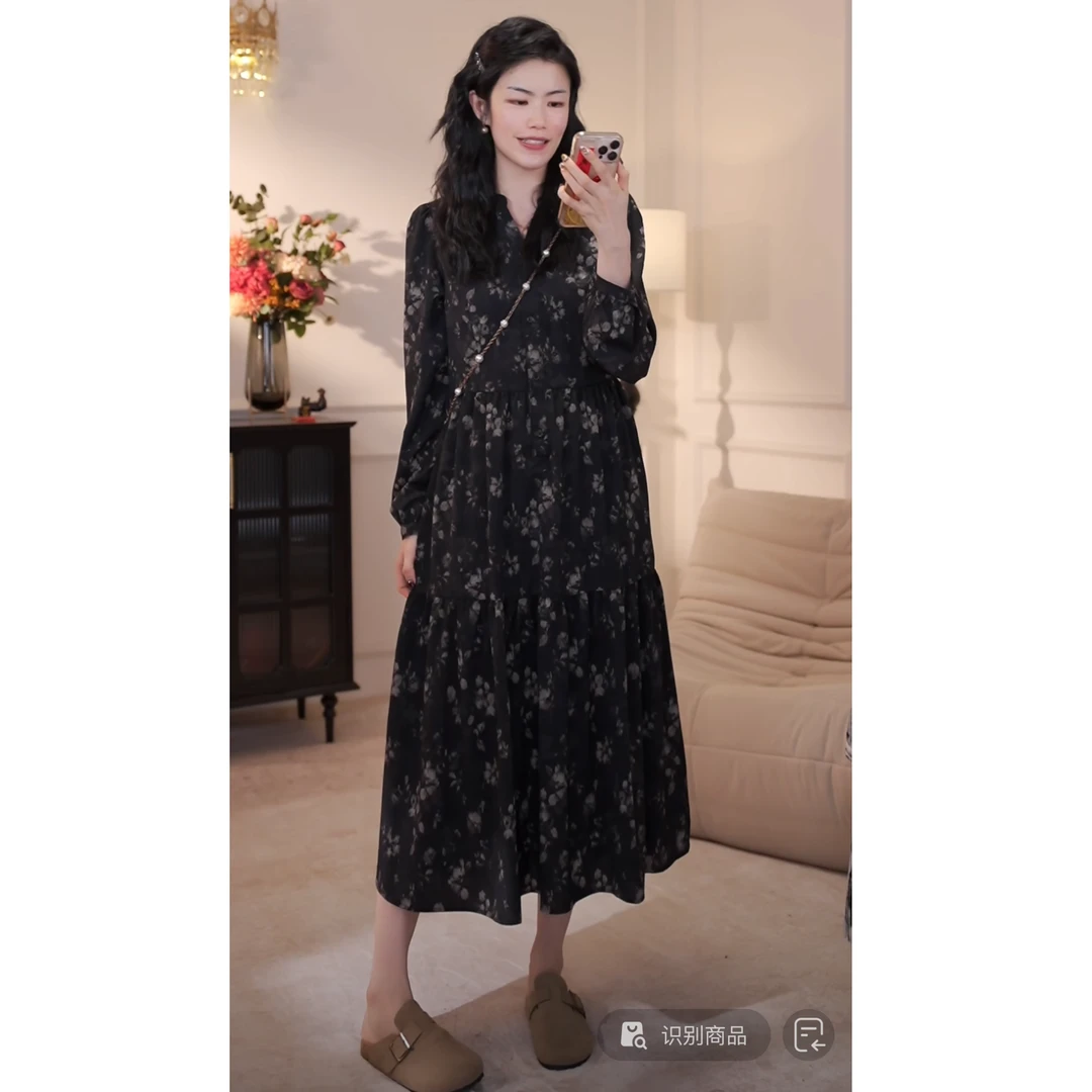 短款/长款~碎花长袖显瘦连衣裙2025新款法式温柔风黑色气质长裙LY