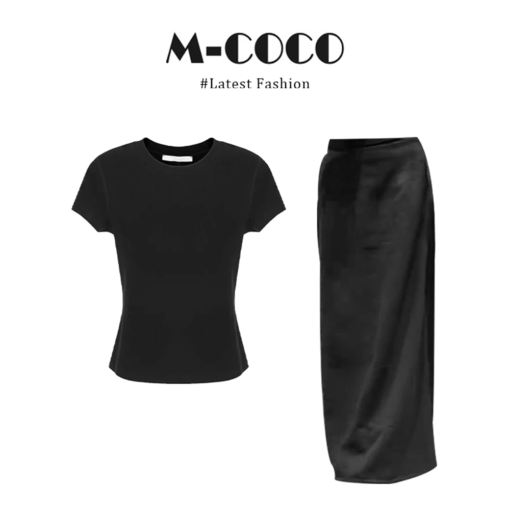 MARIE.COCO简约圆领短袖T恤高腰开叉半身裙套装高级感气质两件套