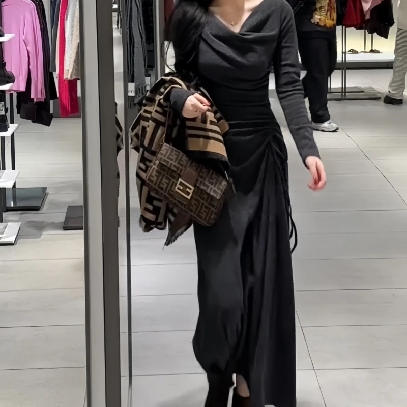 法式气质荡领修身连衣裙子女早秋新款打底内搭御姐纯欲风收腰长裙