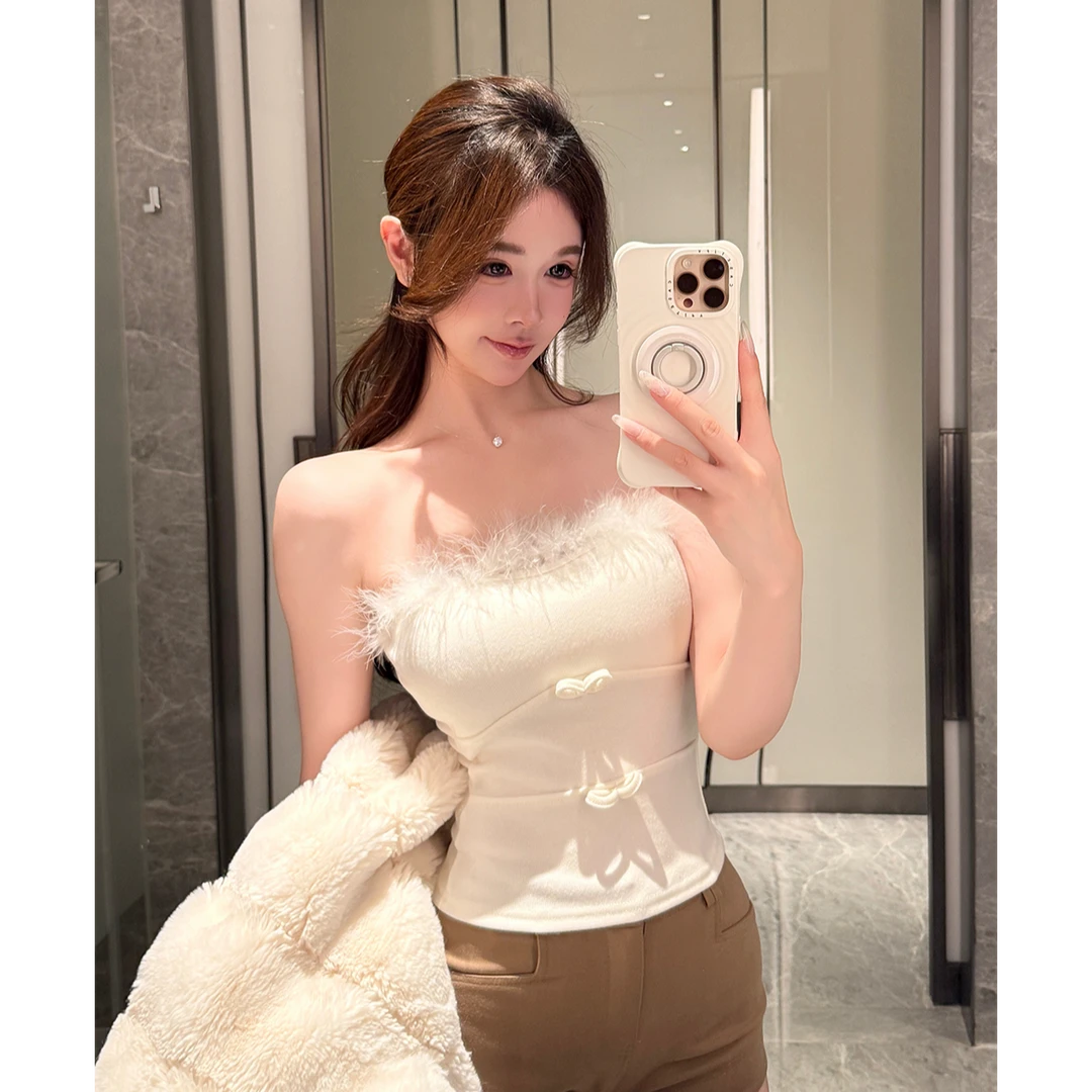 法式毛毛拼接御姐抹胸上衣性感2025秋冬季内搭外穿修身裹胸配短裤