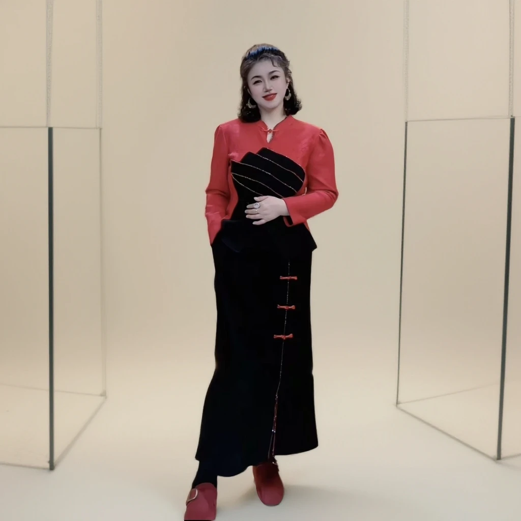 2025年秋冬季新款洋气新年款撞色拼接两件套