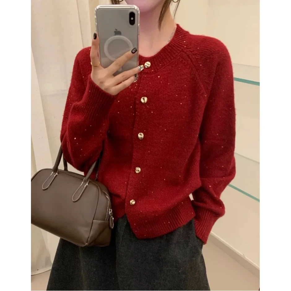 2160【全身亮片插肩袖金扣开衫】秋季新款女士宽松针织毛衣