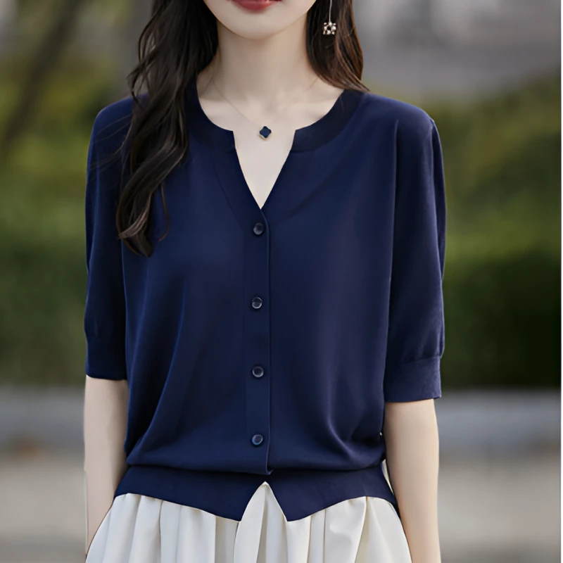 法式藏青色短袖针织开衫薄款外套女夏季洋气宽松v领冰丝短款上衣