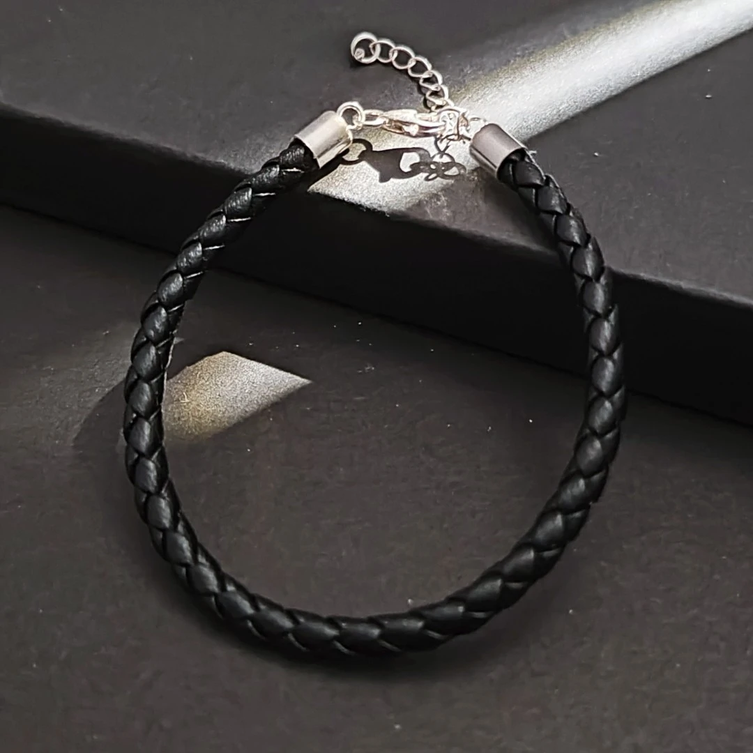 925银手链 绳体直径5mm 纯银扣头 黑色皮绳手绳编织【4406】