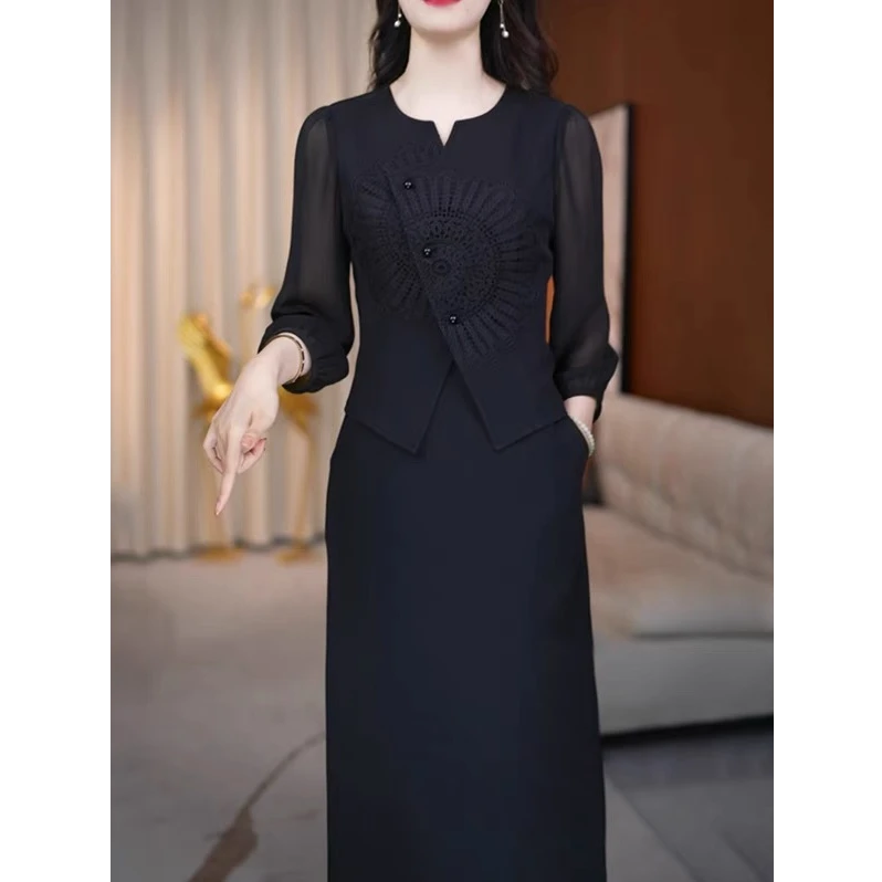 高档假两件连衣裙2025春季新款显瘦遮肉气质减龄时尚中长款D6005