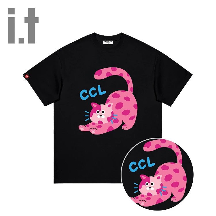 i.t宽松韩系百搭洋气衣服短袖t恤男女纯棉猫咪印花慵女款圆领t恤
