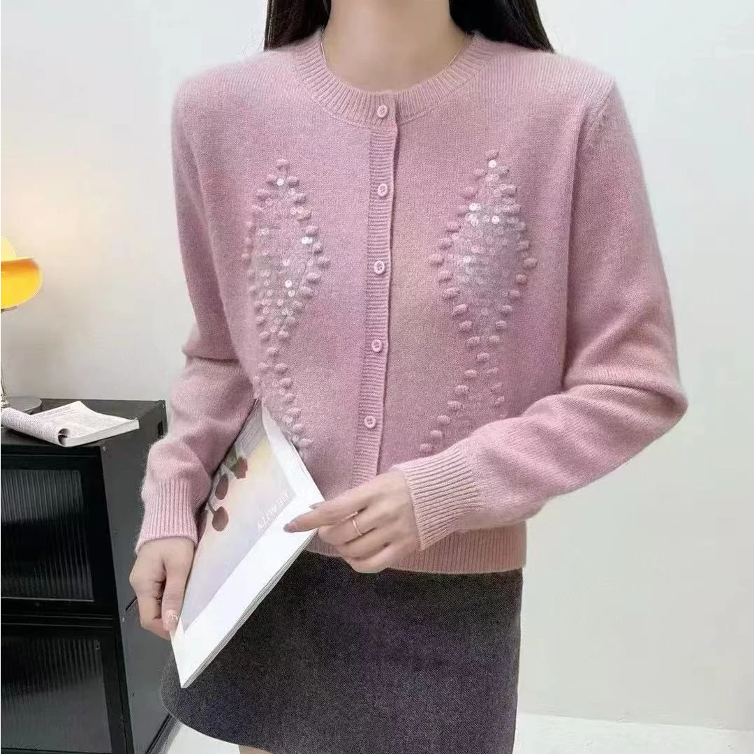 【张金】显瘦百搭气质春装纯色钉珠亮片羊毛上衣开衫